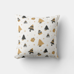 Gold Black Christmas Tree and Gifts Pattern Cushion