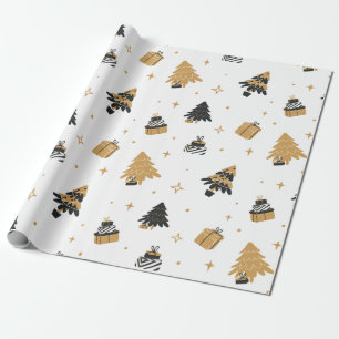 Gold Black Christmas Tree and Gifts Pattern Wrapping Paper