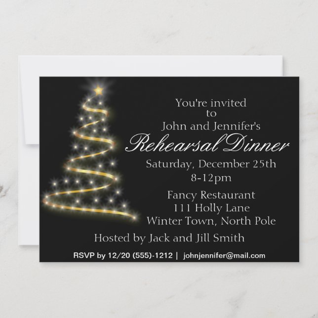 Gold Black Christmas Tree Rehearsal Dinner Invitation (Front)