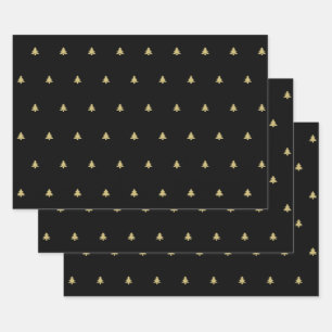 Gold/Black Christmas Tree Simple Icon Pattern Wrapping Paper Sheet