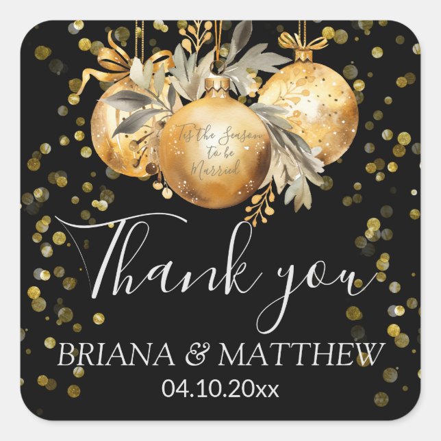 Gold Black Christmas Wedding Favour Square Sticker (Front)