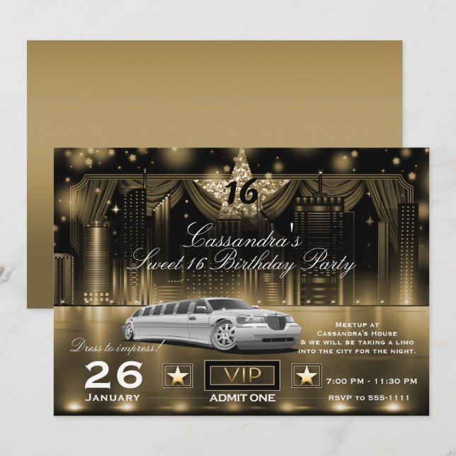 Gold Black City Night Lights Limo Birthday Party Invitation (Front/Back)