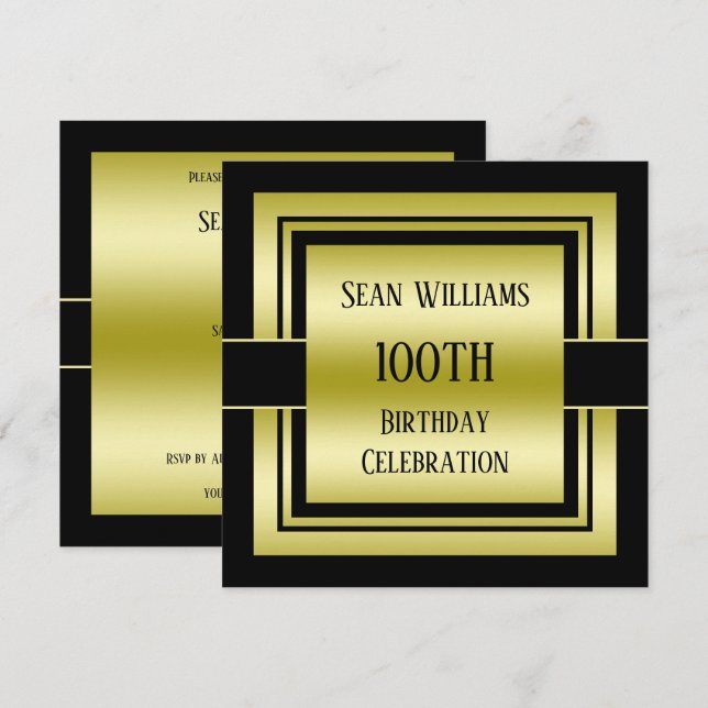 Gold & Black Class Men's 100th Birthday Party Invitation (Front/Back)