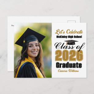 Gold Black Class of 2026 Photo Graduation Party Invitation Postcard
