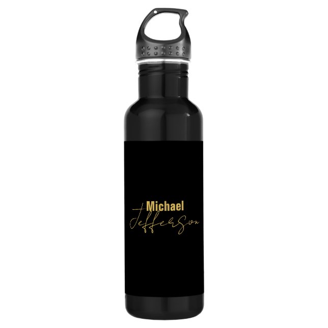 Gold black colour elegant modern minimalist name 710 ml water bottle (Front)