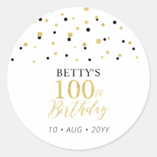 Gold & Black Confetti 100th Birthday Party Favour Classic Round Sticker