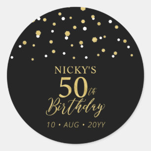Gold & Black Confetti 50th Birthday Party Favour Classic Round Sticker