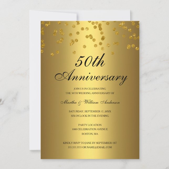Gold Black Confetti 50th Wedding Anniversary Invitation (Front)