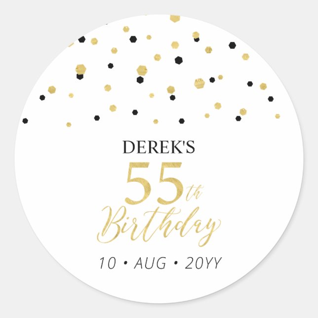 Gold & Black Confetti 55th Birthday Party Favour Classic Round Sticker (Front)