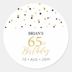 Gold & Black Confetti 65th Birthday Party Favour Classic Round Sticker