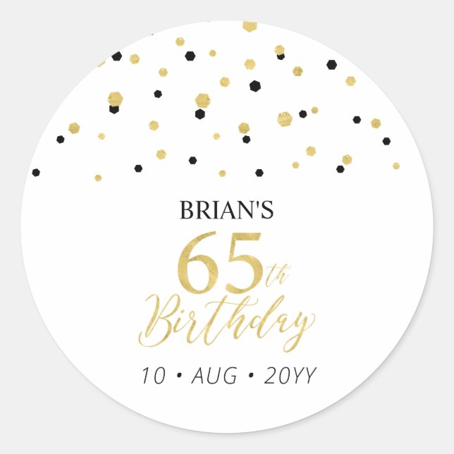 Gold & Black Confetti 65th Birthday Party Favour Classic Round Sticker (Front)