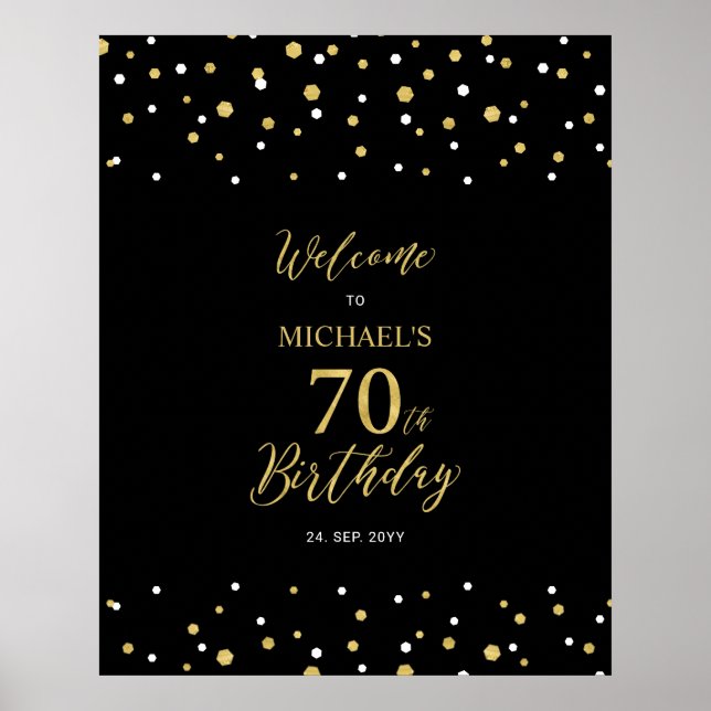 Gold & Black Confetti 70th Birthday Party Welcome Poster (Front)