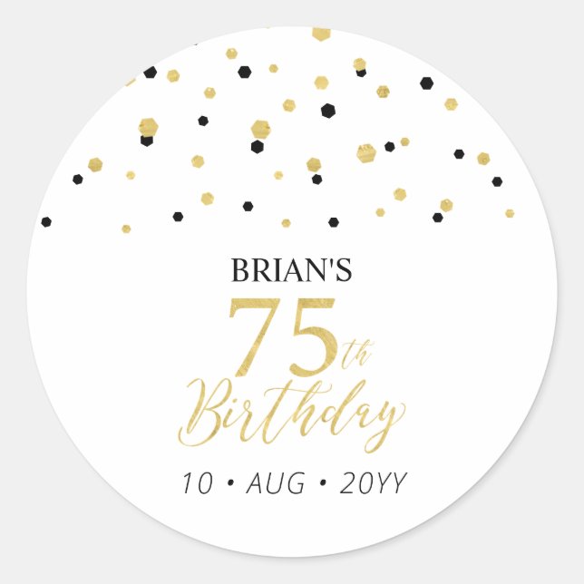 Gold & Black Confetti 75th Birthday Party Favour Classic Round Sticker (Front)