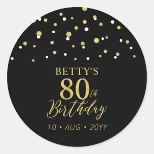 Gold & Black Confetti 80th Birthday Party Favour Classic Round Sticker