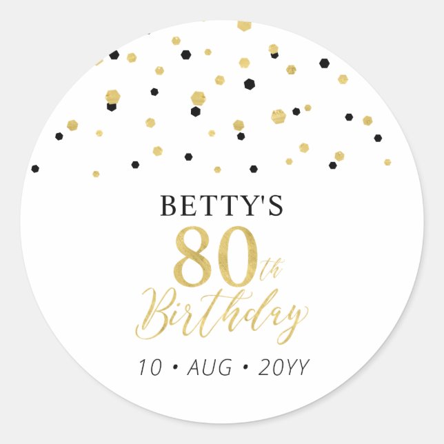Gold & Black Confetti 80th Birthday Party Favour Classic Round Sticker (Front)