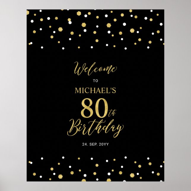 Gold & Black Confetti 80th Birthday Party Welcome Poster (Front)