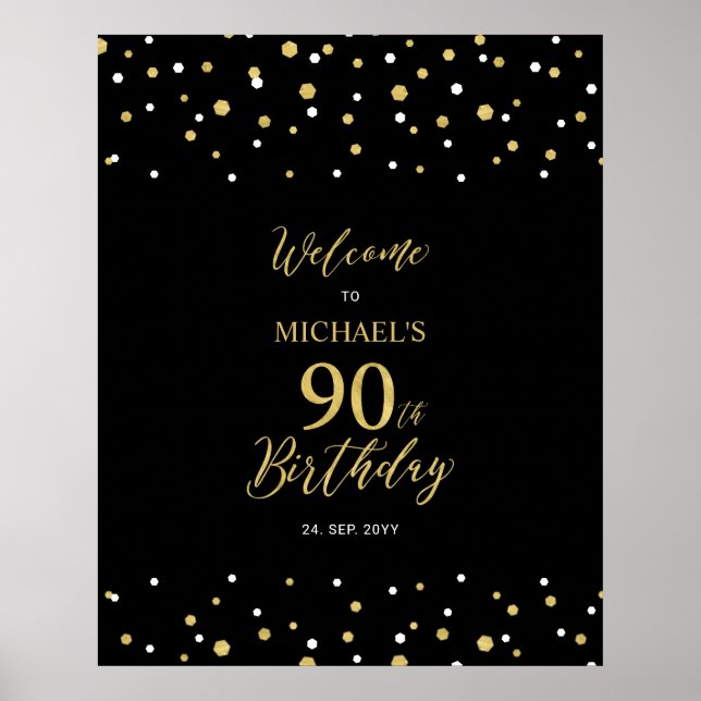 Gold & Black Confetti 90th Birthday Party Welcome Poster (Front)