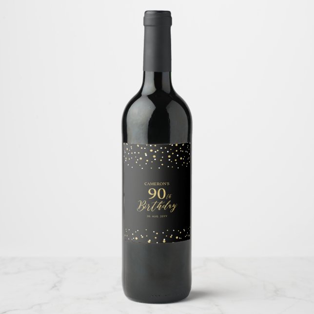 Gold & Black Confetti 90th Birthday Party Wine Label (Front)
