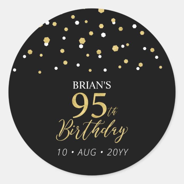 Gold & Black Confetti 95th Birthday Party Favour Classic Round Sticker (Front)