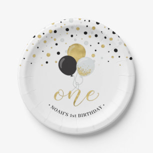 Gold & Black Confetti Balloons 1st Birthday Party Paper Plate