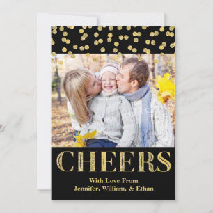 Gold Black Confetti Cheers Christmas Photo Card