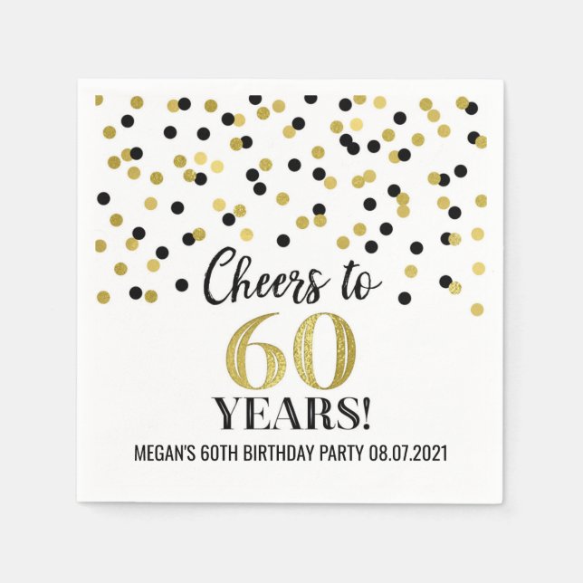 Gold Black Confetti Cheers to 60 Years Birthday Napkin (Front)