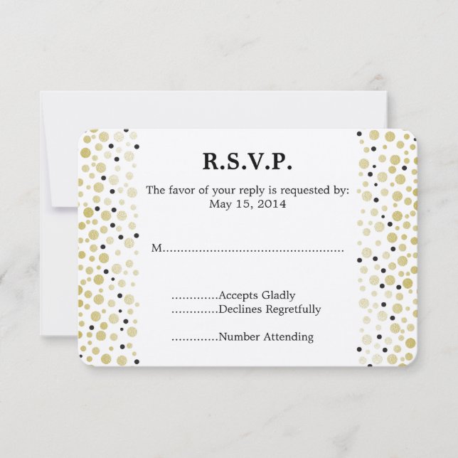 Gold Black Confetti Dots Wedding RSVP Card (Front)