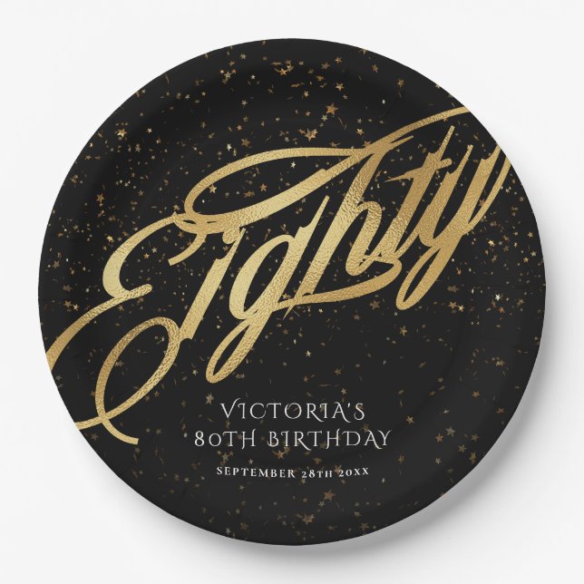 Gold Black Confetti Glitter Eighty 80th Birthday Paper Plate (Front)