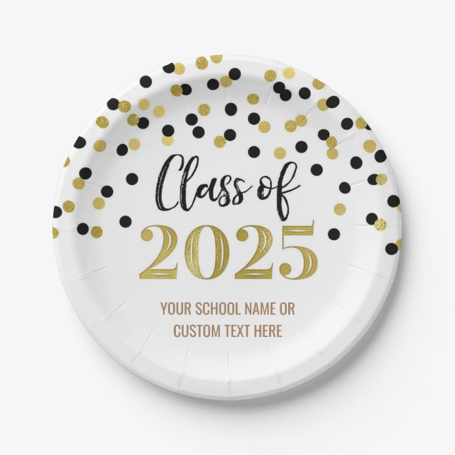 Gold Black Confetti Graduation 2025 Paper Plate (Front)