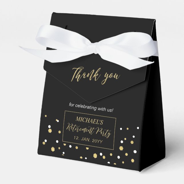 Gold & Black Confetti Modern Retirement Party Favour Box (Front Side)