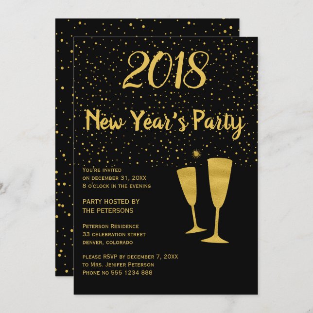 Gold black confetti New Year's celebration invite (Front/Back)