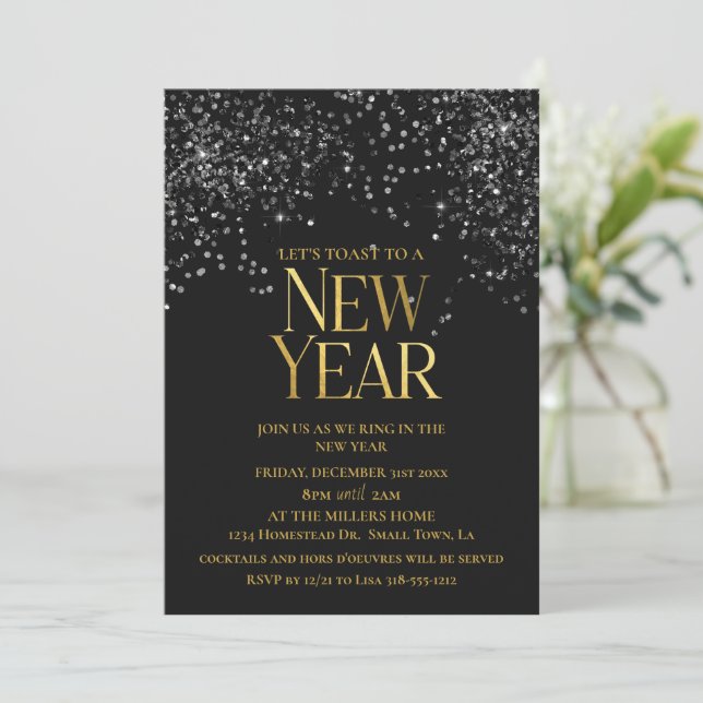 Gold Black Confetti New Year's Eve Party  Invitation (Standing Front)