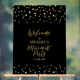 Gold & Black Confetti Retirement Party Welcome Acrylic Sign