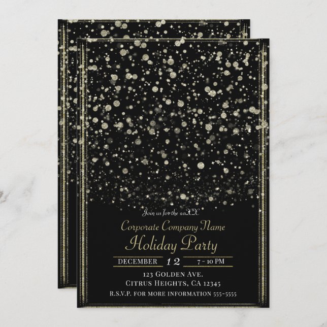 Gold & Black Confetti Splatter Holiday Party Invitation (Front/Back)