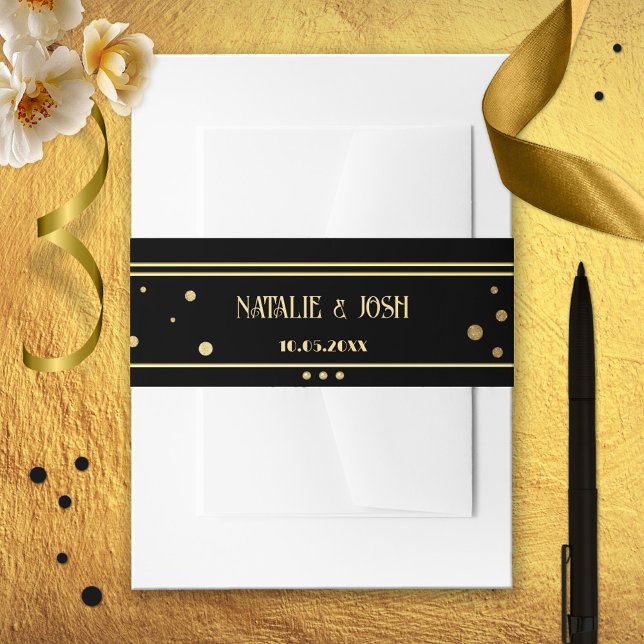 Gold Black Confetti Wedding Invitation Belly Band (Wedding invitation belly band featuring a stylish gold and black design with sparkling confetti.)