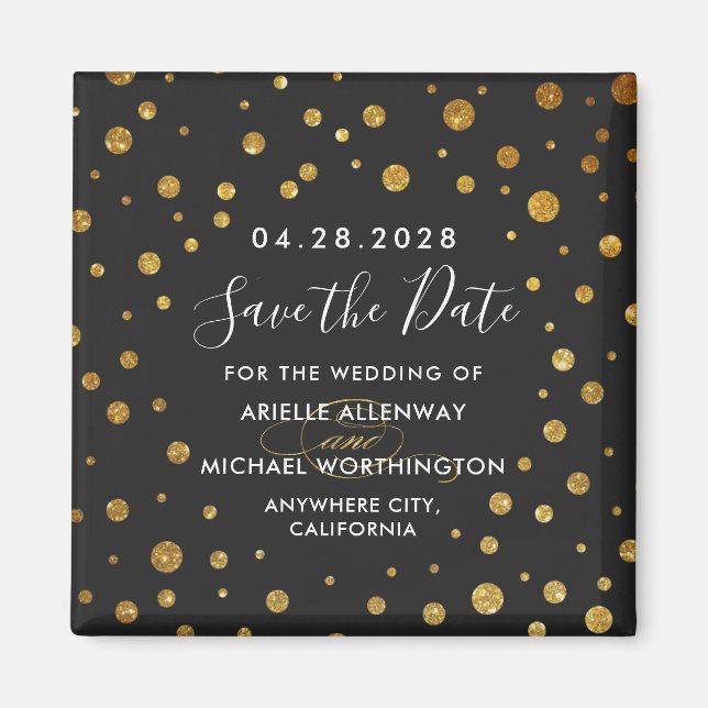 Gold Black Confetti Wedding Save the Date Magnets (Front)