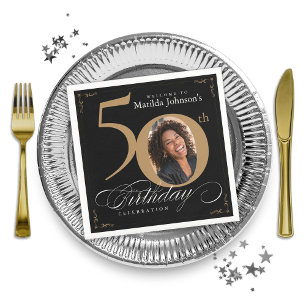 Gold Black Custom Photo 50th Birthday Party Napkin