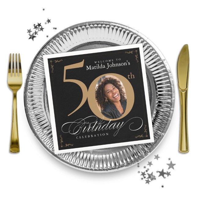 Gold Black Custom Photo 50th Birthday Party Napkin (50th Birthday Gold Black Calligraphy Custom Photo Napkins)