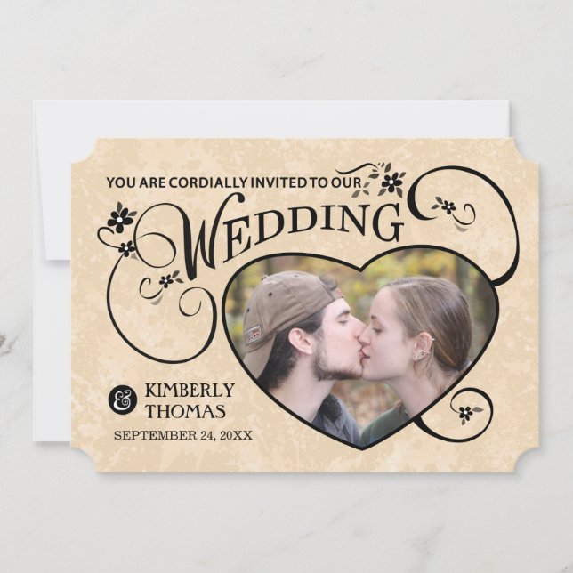 Gold & Black Custom Photo Heart Wedding Invite (Front)