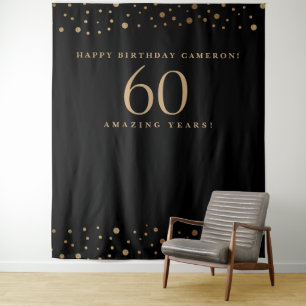 Gold Black Customisable Happy Birthday 60 Years  Tapestry