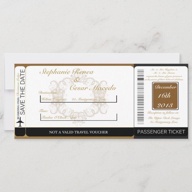 Gold/ Black Damas Boarding Pass Wedding Invitation (Front)