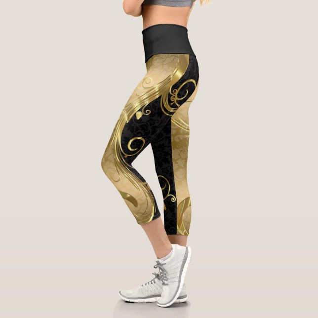 Gold & Black Damask Capri Leggings (Left)