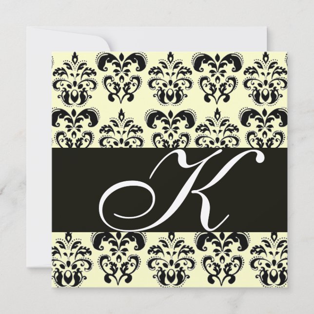 GOLD & BLACK  DAMASK MONOGRAM , white Invitation (Front)