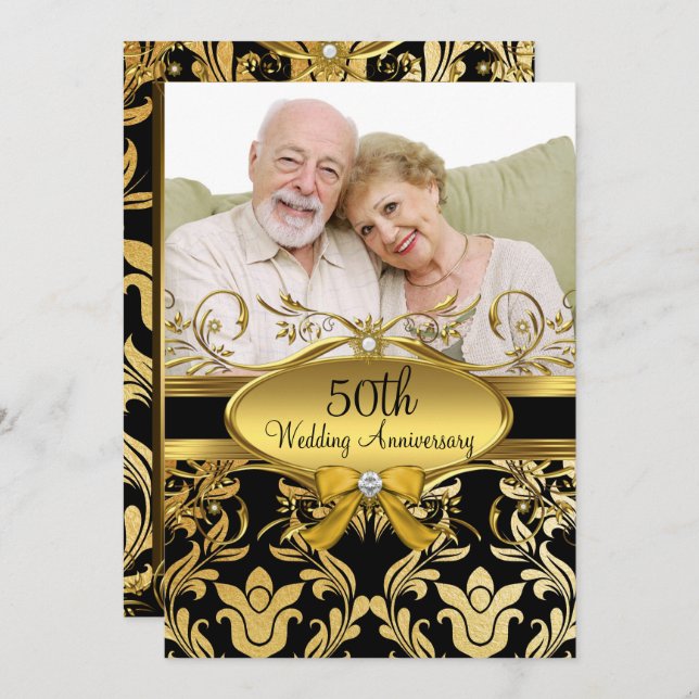Gold Black Damask Photo 50th Anniversary Invite (Front/Back)