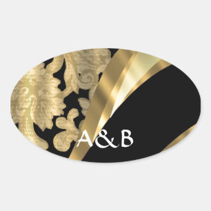 Gold & black damask swirl oval sticker