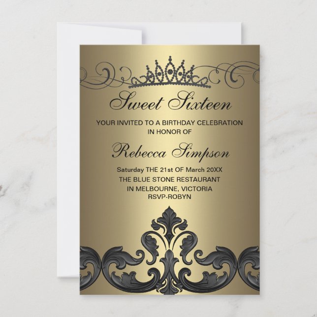 Gold & Black Damask & Tiara Birthday Invitation (Front)