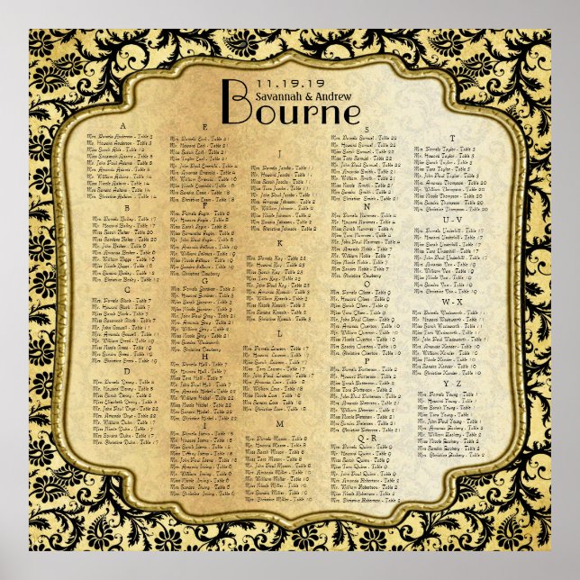 Gold & Black Damask Wedding Seating Chart (Front)