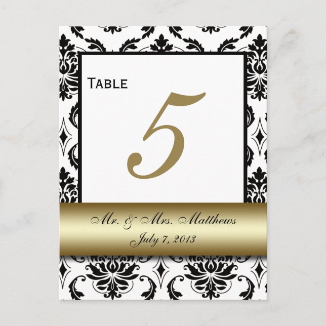 Gold Black Damask Wedding Table Number Postcard (Front)