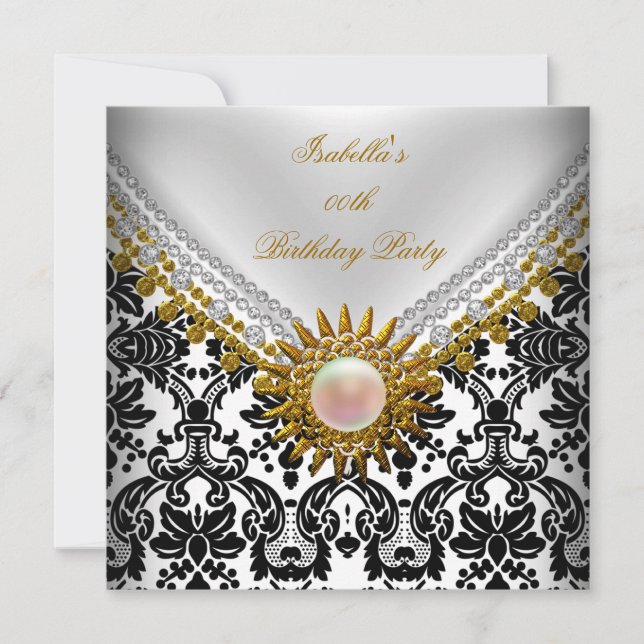 Gold Black Damask White Elegant Birthday Party Invitation (Front)
