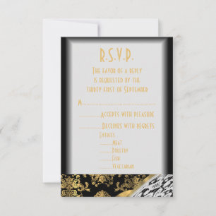 Gold black damask white lace wedding R.S.V.P RSVP Card
